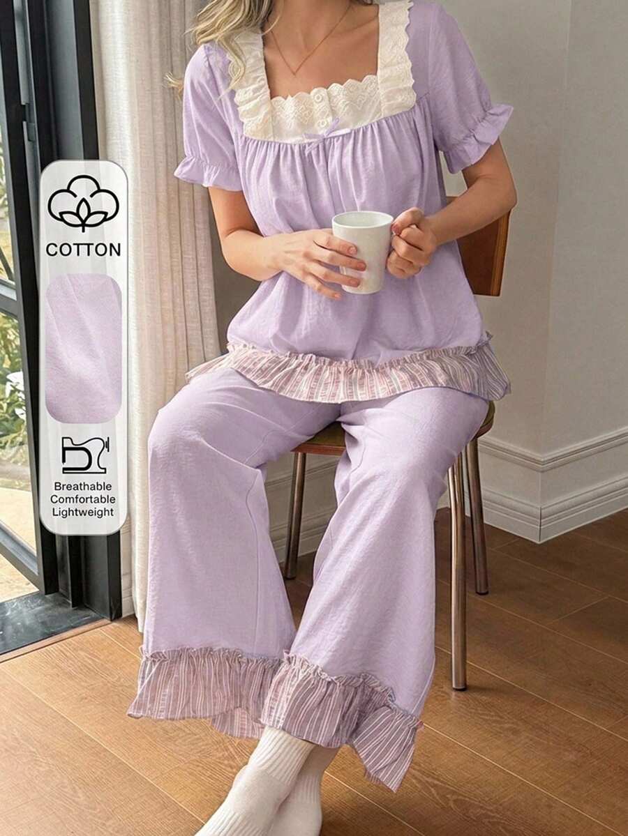 DAZY Conjunto de pijama de mujer de 2 piezas con volantes dulces, encaje bordado, patchwork y mangas de pétalo para verano - Morado - Ver 1