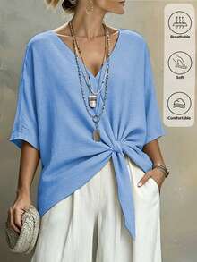 Weeklong Plus Size Casual Vacation Loose Hem V-Neck Short Shirt Vacation Light Blue Summer - Blue - View 1