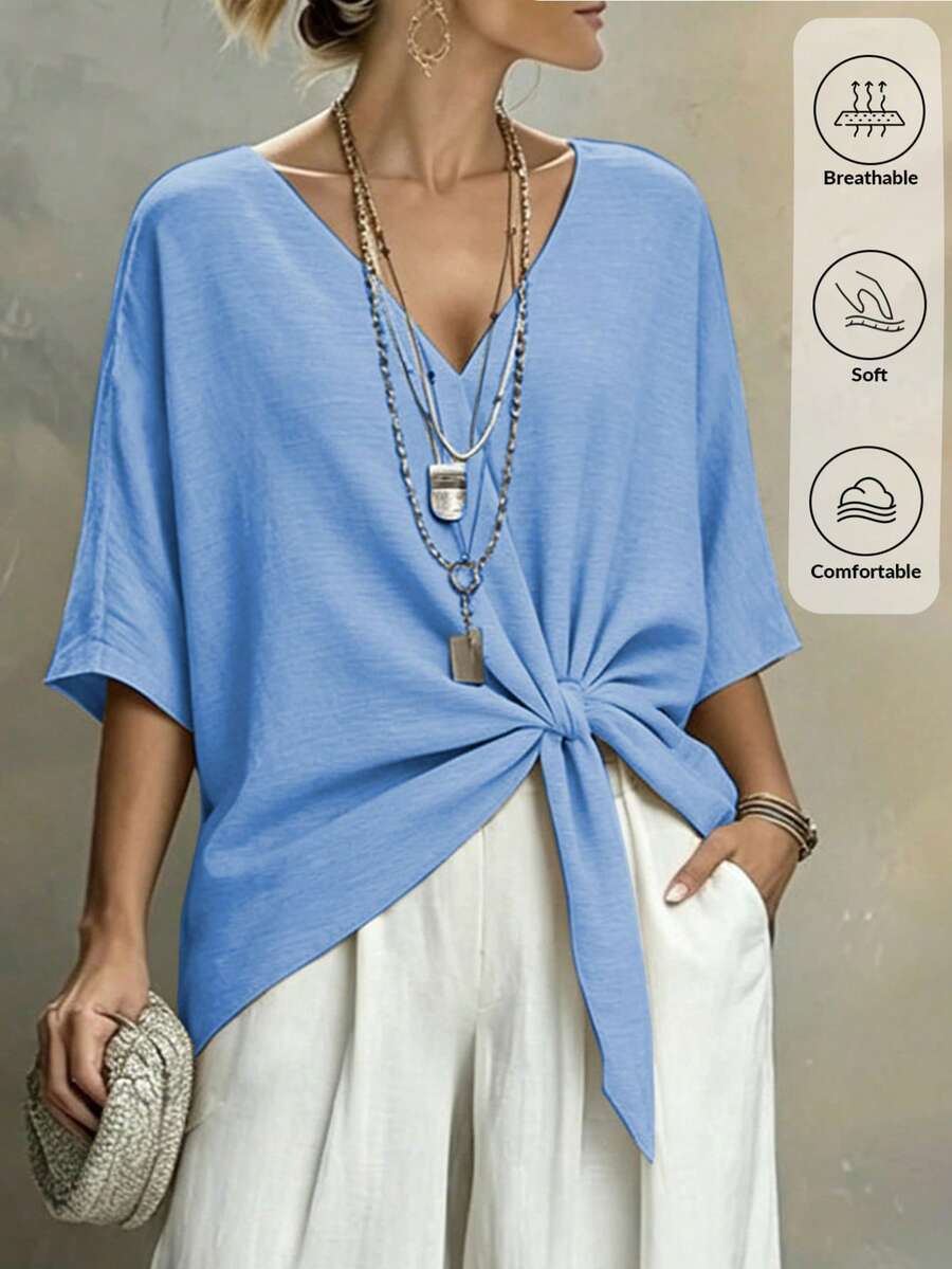 Weeklong Plus Size Casual Vacation Loose Hem V-Neck Short Shirt Vacation Light Blue Summer - Blue - View 1