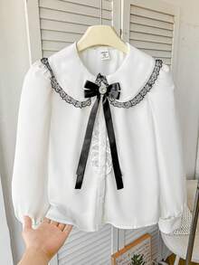 SHEIN 青少年女孩彼得潘領撞色蝴蝶結襯衫 秋冬穿搭 - 彩色 - 查看 6