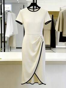 SHEIN Franclia Vestido elegante de mujer con decoración de botones de remache de color contrastante, vestido asimétrico, vestido cruzado, vestido beige, vestido de longitud media, vestido largo, vestido con detalles de botones - Albaricoque - Ver 8