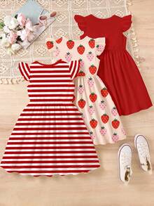 SHEIN Elladie kids 3件套甜美可爱草莓装饰条纹半身裙，草莓印花搭配纯色喇叭袖连衣裙，休闲度假装扮，适合夏季穿着 - 彩色 - 查看 2