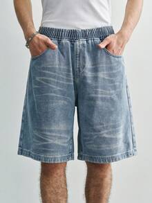 Sonviro Men's Light Blue Casual Elastic Waist Wide Leg Denim Shorts - Light Wash - View 1