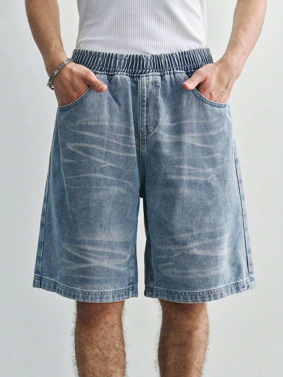 Sonviro Men's Light Blue Casual Elastic Waist Wide Leg Denim Shorts - Light Wash - View 1