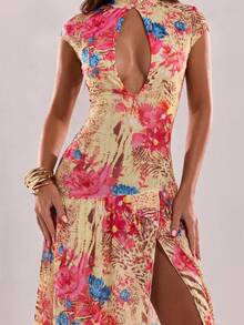 SHEIN BAE Women's Floral Print Hollow Out Design Side Slit Hem Sexy Cap Sleeve Dress - Yellow - View 5
