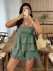 Weeklong Bộ 2 món áo hai dây và quần cho nữ size lớn, phong cách thường ngày mùa xuân/hè, gấu bèo nhún, phù hợp đi du lịch và mặc hàng ngày - xanh quân đội - Xem 5
