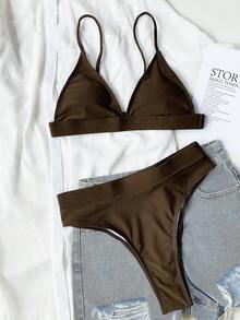 Swim Basics 素色比基尼套裝三角形文胸和高腰下裝2入組泳衣 - 咖啡棕 - 查看 5