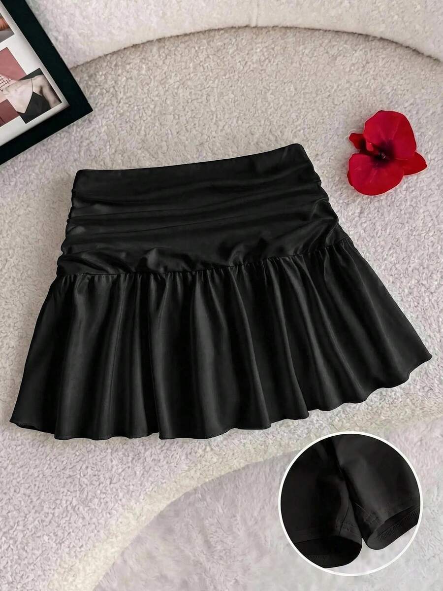 SHEIN Tween女孩休閒甜美荷葉邊裙襬純色百搭裙 - 黑色 - 查看 1