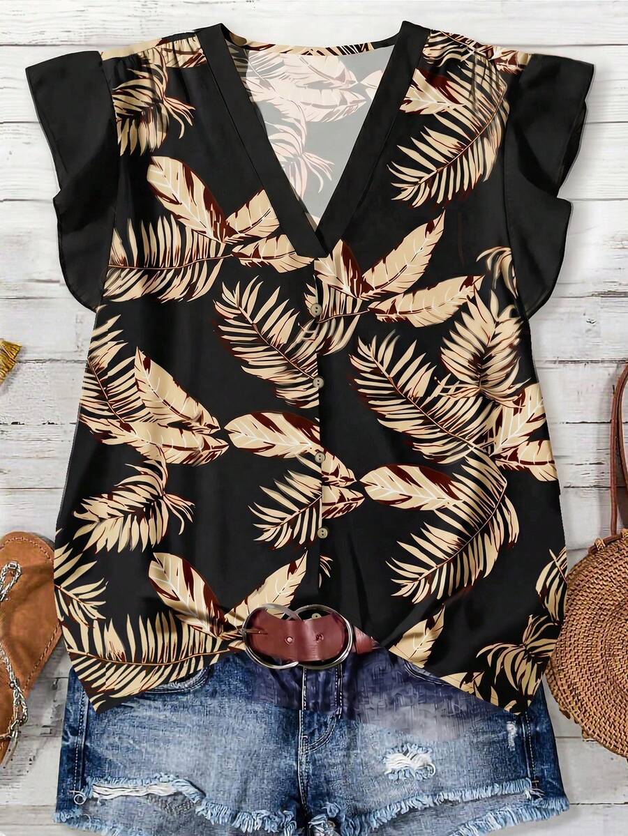 SHEIN LUNE Blus Wanita Kasual Motif Bunga Leher V dengan Hem Berkerut, Cocok untuk Musim Panas, Atasan Musim Panas - MultiWarna - View 1