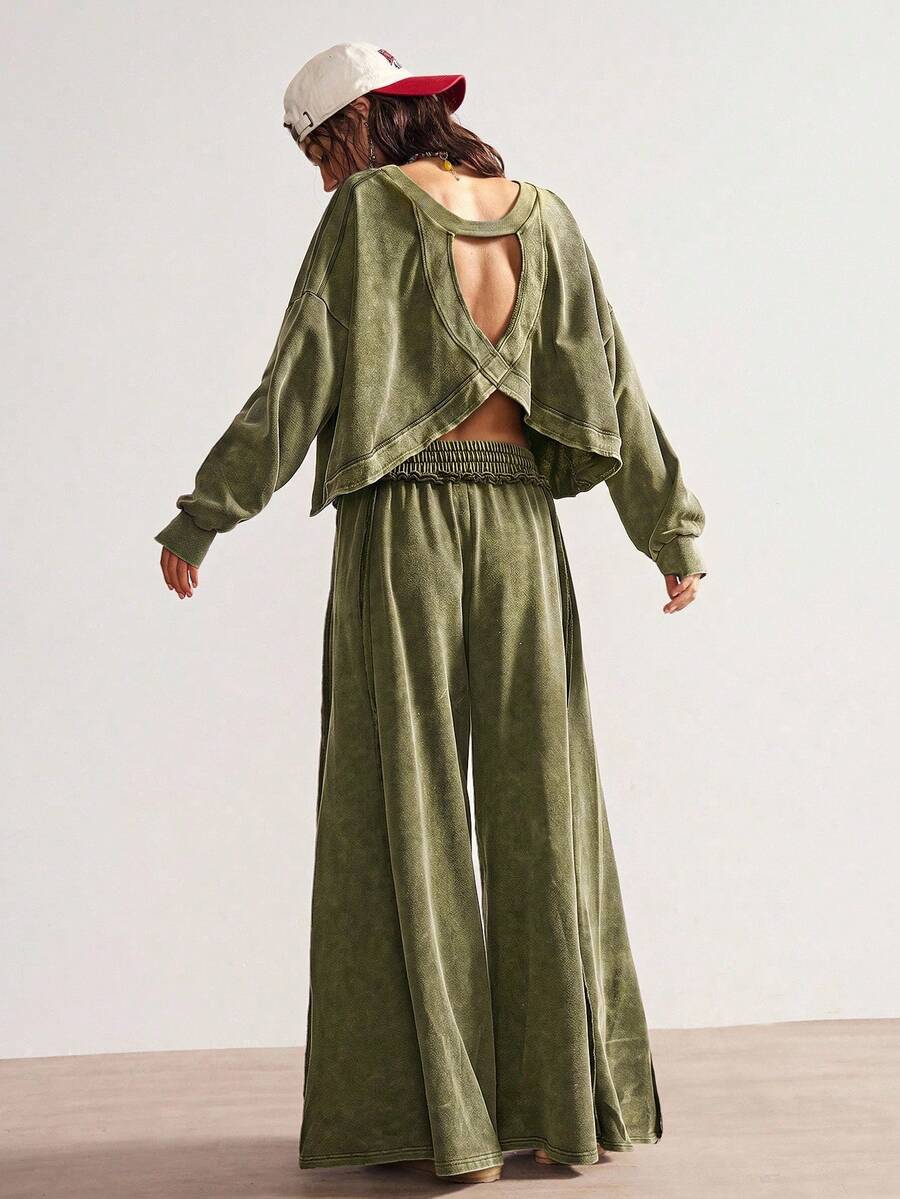 Bohemela 女款休閒純色針織長袖寬鬆衛衣+中腰寬鬆寬腿褲兩件套,淺綠色,適合旅行與夏季 - 橄欖綠 - 查看 1