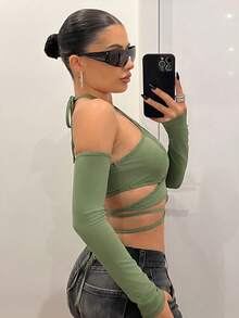 SHEIN ICON 女款素色裹身式交叉綁帶可拆卸袖休閒日常上衣 - 軍綠色 - 查看 5