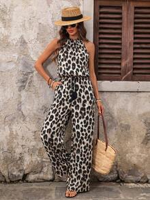 EMERY ROSE Mono sin mangas con cuello halter, estampado de leopardo en todo el Body y cordón en la cintura, adecuado para vacaciones para mujer - Marrón - Ver 1