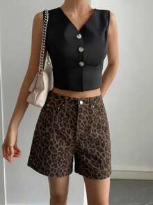 Livesso Women's High Waist Leopard Print Casual Cotton Denim Shorts For Summer Holiday And Festival Outfits - Brown - View 5