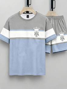 Sorvial Men's Casual Contrast Color Striped Crown Print T-Shirt Set - Multicolor - View 2