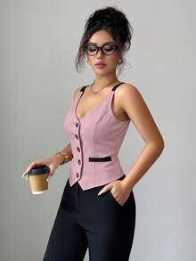 Elenzga Summer Elegant Commuter Vacation Casual Versatile Slim Fit Deep V-Neck Woven Romantic Vintage Button Exquisite Vest - Pink - View 6