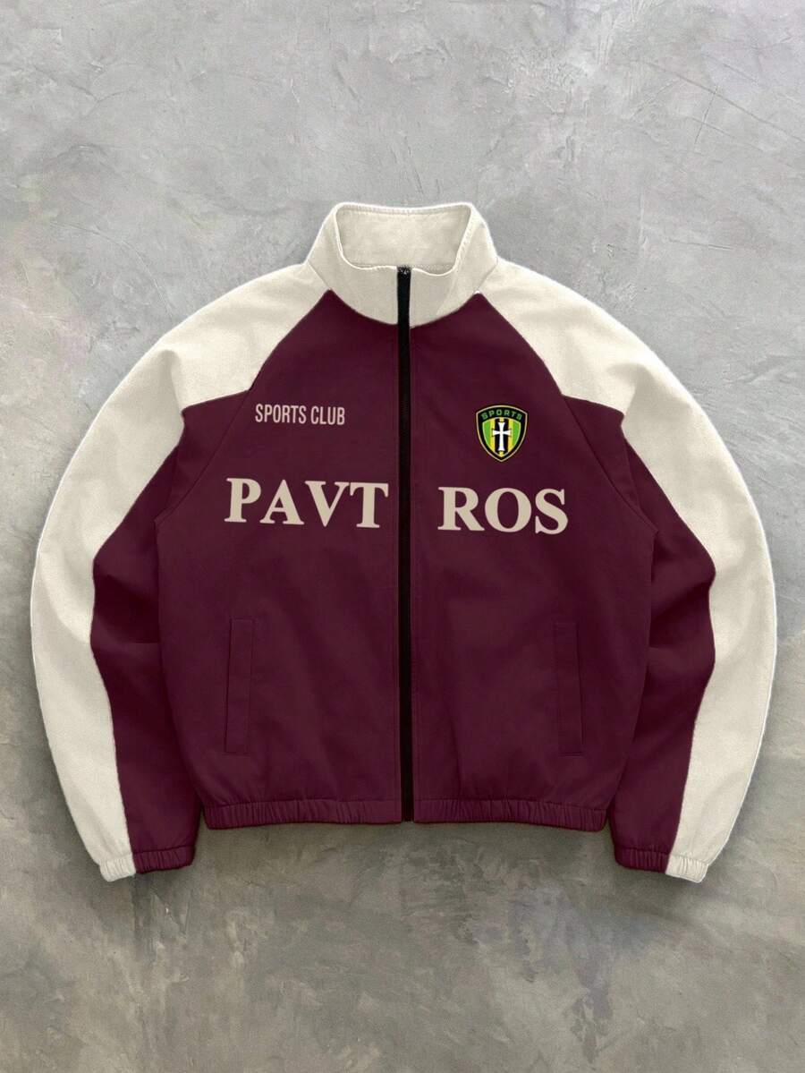 PAVTROS Men's Contrast Color Print Long Sleeve Jacket Coat Football - Burgundy - View 1