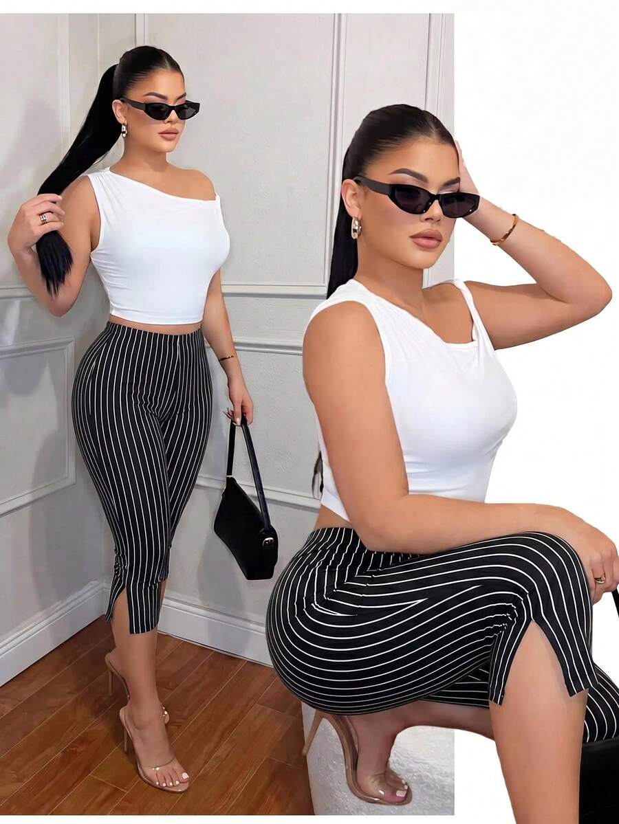 SHEIN SXY Fashionable Commuter Night Out Black And White Checkered Split Capri Length Leggings Summer - Black and White - View 1