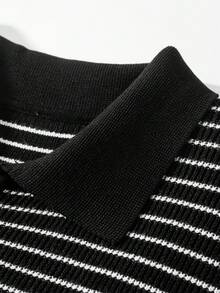 Manfinity Homme 男士條紋對比色鈕扣半開襟短袖針織上衣 - 黑與白 - 查看 6