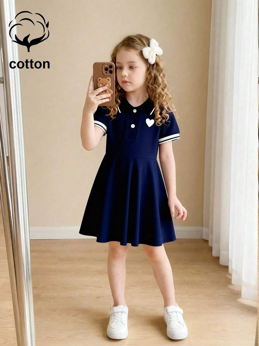Elladie kids 女童翻领爱心印花Polo衫连衣裙,藏蓝色短袖针织收腰连衣裙,学院风可爱夏日连衣裙 - 寶藍色 - 查看 1