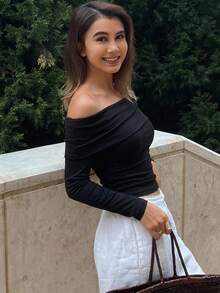 DAZY قميص كنزة نسائية بطول الكم واسع الكتف بتصميم دقيق قطعة واحدة، كنزة موسم الخريف بكتف مكشوف، ملابس علوية بأكمام طويلة - الأسود - مشاهدة 9