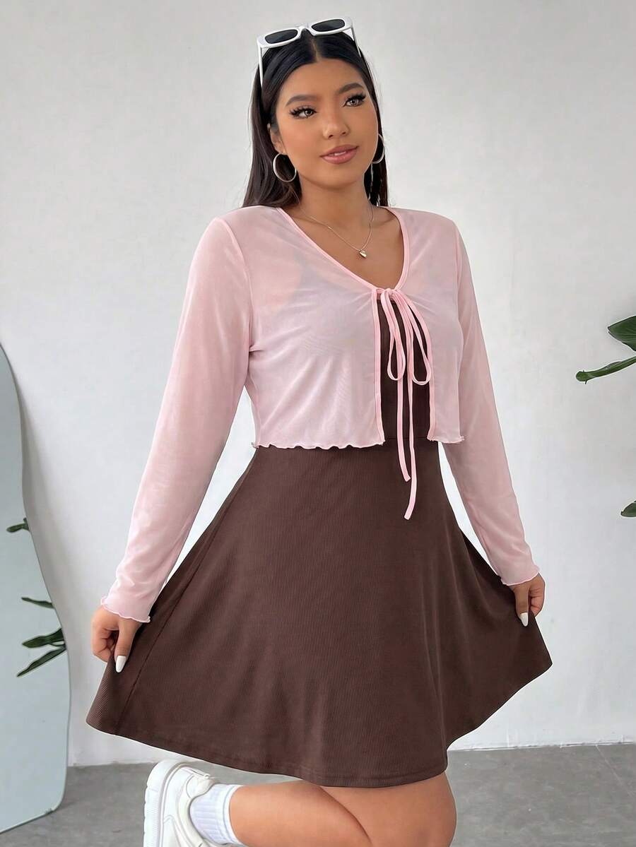 SHEIN EZwear 女款大尺碼針織開襟外套與細肩帶洋裝純色兩件組 - 巧克力棕 - 查看 1