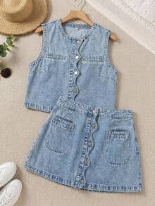 Lounesse Plus Size Solid Color Front Button Sleeveless Vest And Denim Skirt 2-Piece Set Summer Elegant Vacation Beach Wedding Graduation Going Out Ruffle Blue - Blue - View 8