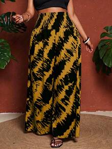 Maweii Pantalones de talla grande con cintura alta, cintura plisada y estampado de bloques de color - Amarillo - Ver 5