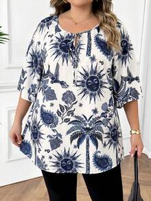 SHEIN CURVE+ CURVE PLUS /情人節/大尺碼女款領結領休閒百搭日常通勤中袖襯衫 - 藍色 - 查看 6