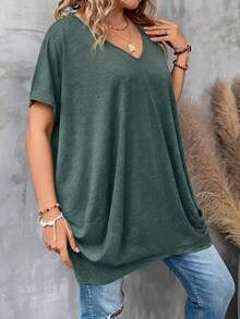SHEIN CURVE+ Plus Size Women's Solid Color Batwing Sleeve Fashion Loose T-Shirt Wedding Dates Fashion Week Dark Green Summer Streetwear Simple Normal - Dark Green - View 4