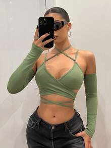 SHEIN ICON 女款素色裹身式交叉綁帶可拆卸袖休閒日常上衣 - 軍綠色 - 查看 4