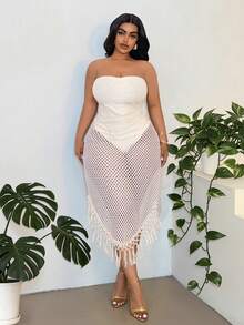 Maweii Plus Size Women's Solid Color Hollow Out Tassel Design Casual Party Bandeau Dress - Apricot - View 3