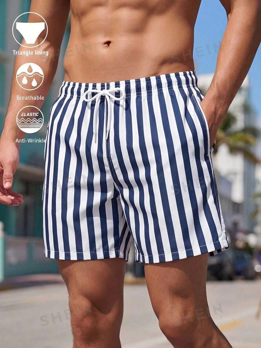 Manfinity Swimmode Men's Striped Drawstring Waist Beach Shorts, Holiday - Blue and White - View 1