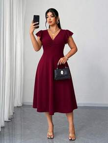 Elenzga Plus Size Women's Ruffle Short V-Neck Ruched Waist Flared Dress - Burgundy - View 4