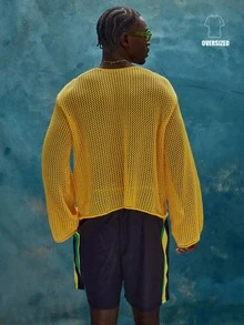 Musero Blusa ligera de manga larga con hombros caídos y tejido abierto, esencial para primavera, verano y vacaciones - Amarillo - Ver 1