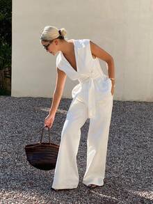 Livesso Women's Sleeveless V-Neck Belted Top And Loose Long Pants Denim Set - White - View 4