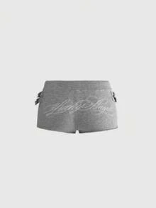 ROMWE Grunge Punk Pantaloncini casual da donna con design ricamato con slogan e vita con coulisse - Grigio - Visualizzare 2