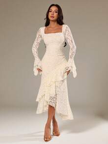 SHEIN PETITE Gaun Maxi Wanita Musim Semi/Panas Motif Bunga Aprikot Polos, Leher Persegi, Lengan Panjang, Hem Asimetris, dan Ruffle, Cocok untuk Pesta Koktail, Kencan Romantis, Pertemuan, Pernikahan, Gaun Pengiring Pengantin, Hari Valentine, Gaun Musim Panas Wanita, Gaun Pesta Teh, Gaun Brunch, Gaun Elegan, Gaun Motif Aprikot, Wanita Bertubuh Mungil - Aprikot - View 3