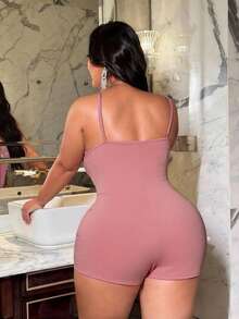 NU&NOW Plus Size Women Deep V Neck Spaghetti Strap Romper - Dusty Pink - View 2