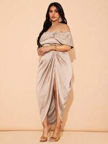 SHEIN BAE 大尺碼女款優雅垂墜中長洋裝，適合婚禮、伴娘、雞尾酒會及正式場合 - 香檳色 - 查看 7