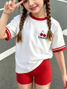 Souflis Souflis 2 Stücke Set Mädchen Kleinkind Lässig, Kirschen-Buchstaben-Muster Farbblock Rundhals Kurzarm Top mit einfarbigen roten Shorts mit elastischem Bund, geeignet für Ausflüge, Einkaufen und tägliches Tragen im Frühling und Sommer - Verschiedenfarbig - Übersicht 6