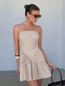 Lavishia Women's Beige Pleated Casual Versatile Date Vacation Mini Bandeau Dress Summer - Mocha Brown - View 4