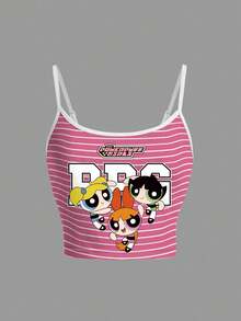 THE POWERPUFF GIRLS X SHEIN 女士休闲日常通勤趣味卡通条纹印花修身露脐吊带背心，夏季 - 白色 - 查看 5