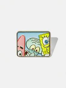 SpongeBob SquarePants | SHEIN 4件組新款創意卡通大頭貼紙立體金屬胸針套組，IP聯名設計，可愛個性化，簡約大方，亦可作為 - 白金 - 查看 4