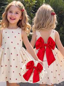 SHEIN Elladie kids 1件少女夏季新款方領無袖背心洋裝，櫻桃印花、後背V領設計、隱形拉鍊、可拆式大蝴蝶結、大下擺側抽褶，簡約百搭，適合日常、派對、海灘度假 - 杏色 - 查看 7