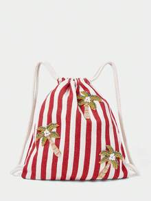 SHECARRY Mochila con cordón de cuentas de árbol de coco a rayas rojas y blancas, bolsillo con cierre de viento para vacaciones de verano en la playa, mochila casual y ligera - Multicolor - Ver 1