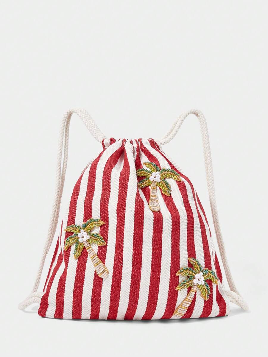 SHECARRY Mochila con cordón de cuentas de árbol de coco a rayas rojas y blancas, bolsillo con cierre de viento para vacaciones de verano en la playa, mochila casual y ligera - Multicolor - Ver 1