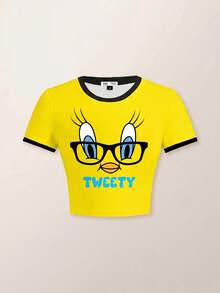LOONEY TUNES X SHEIN 女士撞色修身卡通图案T恤 - 白色 - 查看 1