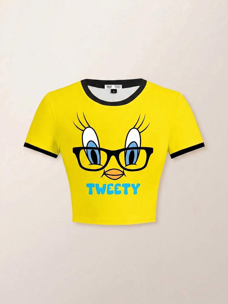 LOONEY TUNES X SHEIN 女士撞色修身卡通图案T恤 - 白色 - 查看 1