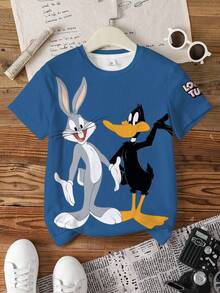 LOONEY TUNES X SHEIN 男童休闲度假日常趣味卡通字母印花短袖T恤，夏季 - 白色 - 查看 7