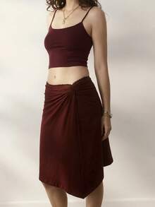 Aralina Women's Autumn Lace Waist Trim Detail Asymmetrical Hem Ruched Front Detail Holiday Vacation Beach Date Work Festival Knee Length Skirt Burgundy Casual - Burgundy - View 5